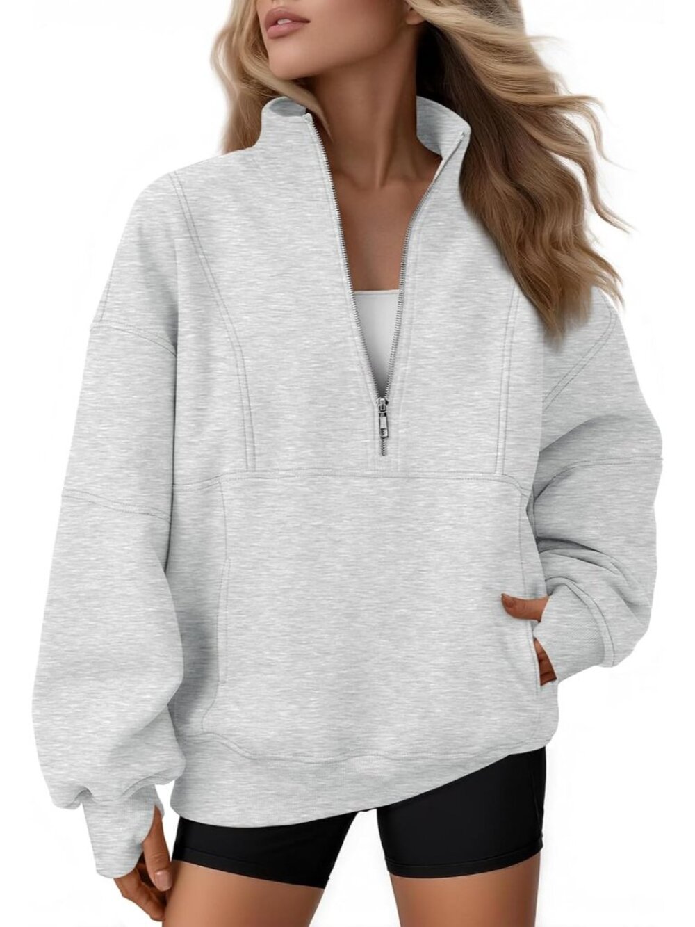 〽️Women's Grey Quarter Zip Oversized Fleece Mock Neck Pullover Hoodie Jacket